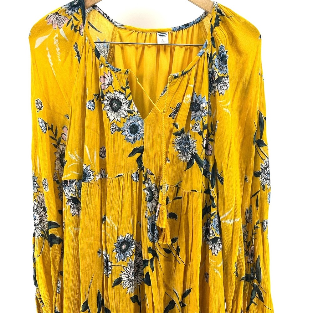 Old Navy Womens Large Mustard Yellow Floral Boho Tiered Long Sleeve Dress